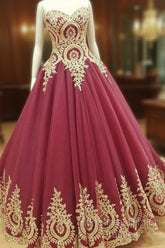 Wine Red Tulle Ball Gowns Wedding Dresses Gold Lace Appliques